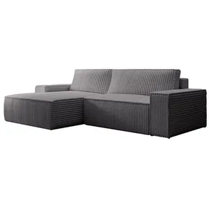 VENTE-UNIQUE Canapé d'angle gauche convertible en velours côtelé grosses côtes gris anthracite AMELIA pas cher
