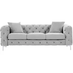 VENTE-UNIQUE Canapé 3 places chesterfield en velours gris clair EDWINA pas cher