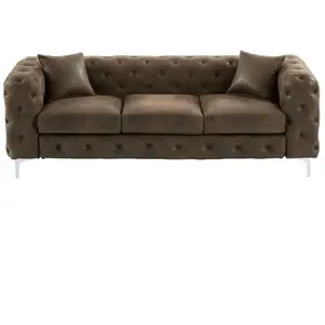 Canapé 3 places chesterfield en microfibre vieillie EDWINA - VENTE-UNIQUE - Marron - Capitonné - Vintage pas cher