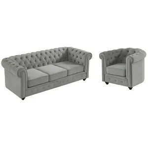 VENTE-UNIQUE Canapé 3 places et fauteuil CHESTERFIELD - Velours gris clair pas cher