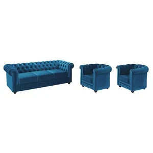 VENTE-UNIQUE Canapé CHESTERFIELD 3 places et 2 fauteuils - Velours bleu canard - Vintage - Fixe - Confort ferme pas cher