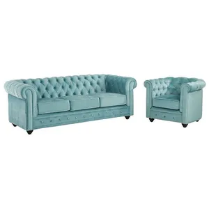 VENTE-UNIQUE Canapé 3 places et fauteuil CHESTERFIELD - Velours bleu pastel pas cher