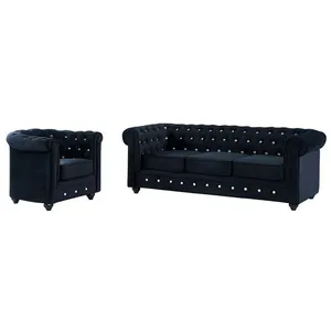 VENTE-UNIQUE Canapé 3 places et fauteuil CHESTERFIELD - velours noir - style vintage pas cher