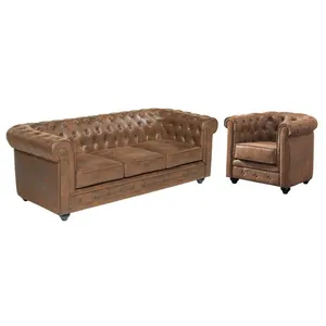 Canapé 3 places et fauteuil CHESTERFIELD en microfibre vieilli - VENTE-UNIQUE - Marron - Vintage pas cher