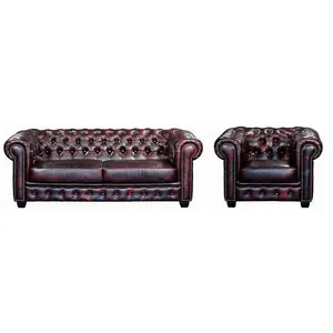 VENTE-UNIQUE Canapé chesterfield BRENTON 100% cuir de buffle - Marron, vert, rouge, caramel ou vert de gris pas cher