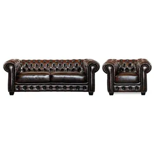 VENTE-UNIQUE Canapé chesterfield BRENTON 100% cuir de buffle - Marron reflets châtains pas cher