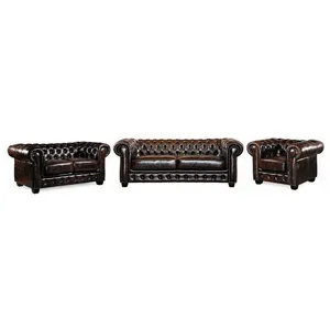 VENTE-UNIQUE Canapés chesterfield 3 places 2 places et un fauteuil BRENTON 100% cuir de buffle - Marron reflets châtains pas cher