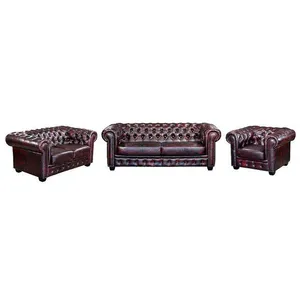 VENTE-UNIQUE Canapés chesterfield 3 places 2 places et un fauteuil BRENTON 100% cuir de buffle - Bordeaux pas cher