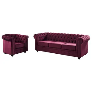 VENTE-UNIQUE Canapé 3 places et fauteuil CHESTERFIELD - velours pourpre pas cher