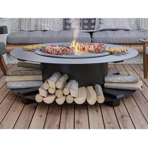 VENTE-UNIQUE Brasero plancha grill avec range-bûches - L120 x l120 x H40 cm - BARCENAVendu parcdiscount