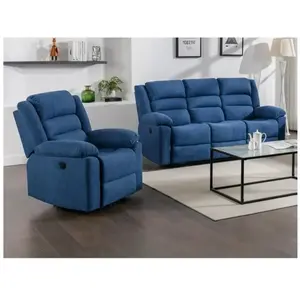 VENTE-UNIQUE Canapé 3 places et fauteuil relax électrique en tissu bleu BUROLO pas cher