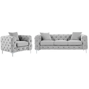 VENTE-UNIQUE Canapé 3 places et fauteuil en velours gris clair EDWINA pas cher