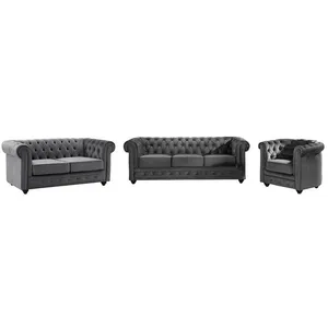 VENTE-UNIQUE Canapés 3 places et 2 places et fauteuil en velours anthracite CHESTERFIELD pas cher