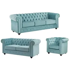 VENTE-UNIQUE Canapés 3 places et 2 places et fauteuil en velours bleu pastel CHESTERFIELD pas cher