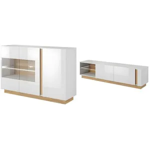 VENTE-UNIQUE Ensemble buffet et meuble TV blanc brillant et naturel - Séjour lumineux MURARI pas cher