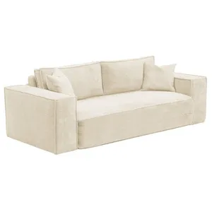 VENTE-UNIQUE Canapé 3 places convertible express en velours côtelé crème AMELIA - Couchage 140 cm - Matelas 14 cm avec mémoir de forme DUNLOPILLO pas cher