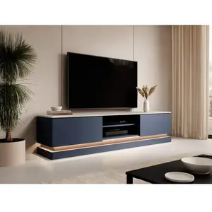 Comparateur de prix : VENTE-UNIQUE Meuble TV 2 tiroirs et 2 niches avec LEDs - MDF - Bleu et effet marbre blanc - DEVIKA