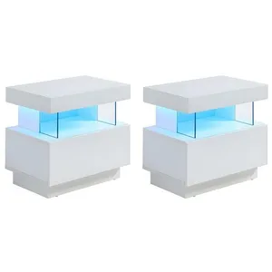 VENTE-UNIQUE Lot de 2 tables de chevet 1 tiroir et 1 niche - Avec LEDs - MDF - Blanc laqué - FABIO II pas cher
