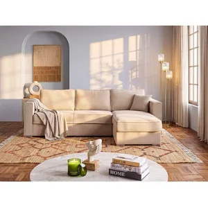 VENTE-UNIQUE Canapé d'angle convertible express et réversible en velours côtelé beige - Couchage à lattes larges 140 cm - Matelas 14 cm LORETO pas cher
