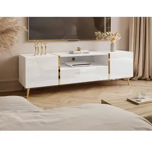 VENTE-UNIQUE Meuble TV avec 2 portes, 1 tiroir et 1 niche - Blanc brillant et Doré - MARZIALO pas cher