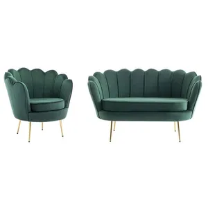 PASCAL MORABITO Canapé 2 places et fauteuil coquillage en velours vert sapin DANDELION pas cher