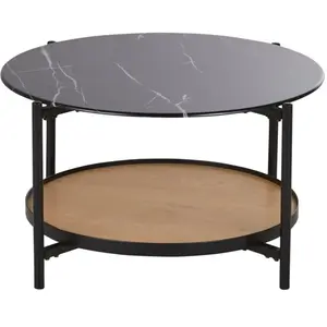 Maisons du Monde Ronde salontafel van gehard glas met marmerlook en zwart metaal D75 pas cher