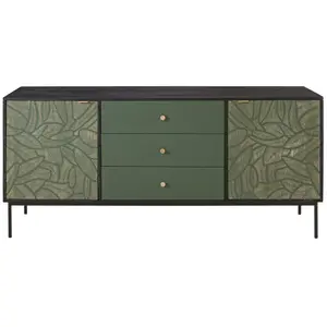 Maisons du Monde Buffet 2 portes 3 tiroirs en manguier massif vert sculpté pas cher