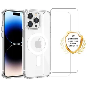 EVETANE Coque anti-choc Magsafe compatible iPhone 15 Pro Transparente + 2 vitres pas cher