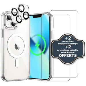 EVETANE Coque Anti-choc Magsafe compatible Iphone 13 Mini Transparente + 2 protections écran et 2 protections objectif caméra pas cher