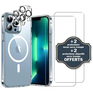 EVETANE Coque Anti-choc Magsafe compatible Iphone 13 Pro Max Transparente + 2 protections écran et 2 protections objectif caméra pas cher
