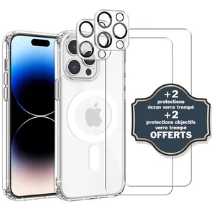 EVETANE Coque Anti-choc Magsafe compatible Iphone 14 Pro Transparente + 2 protections écran et 2 protections objectif caméra pas cher