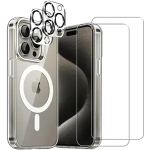 EVETANE Coque Magsafe compatible iPhone 15 Pro Max Transparente + 2 protections écran + 2 protections objectif caméra verre trempé pas cher
