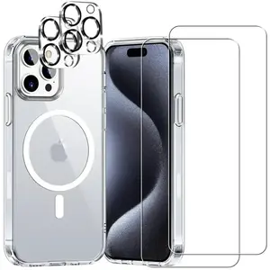 EVETANE Coque Magsafe compatible iPhone 15 Pro Max Transparente + 2 protections écran + 2 protections objectif caméra verre trempé pas cher