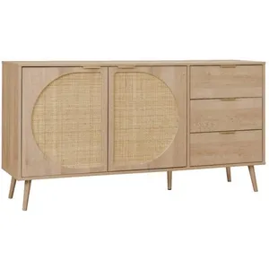 SWEEEK Buffet de rangement. Eva. décor bois et cannage arrondi. 2 portes 3 tiroirs L 150 x l 39 x H 79cm pas cher