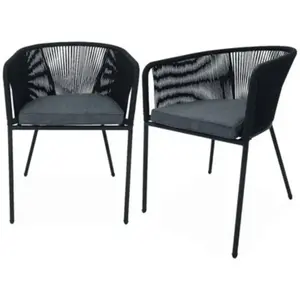 SWEEEK Lot de 2 fauteuils de jardin en corde noire et acier galvanisé. coussin gris pas cher
