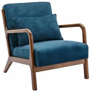 SWEEEK Fauteuil en velours bleu pétrole. pieds bois d'hévéa teinté noyer clair. 1 place droit fixe. pieds compas scandinave pas cher