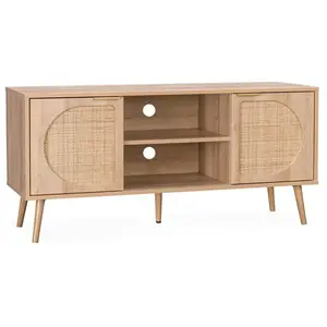 SWEEEK Meuble TV décor bois et cannage arrondi 2 portes 120cm Eva pas cher
