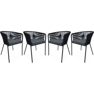 SWEEEK Lot de 4 fauteuils de jardin en corde noire et acier galvanisé. coussin gris pas cher