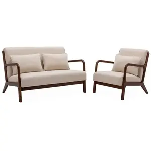 SWEEEK Banquette 2 places + Fauteuil en bois et tissu beige. bois d'hévéa teinté noyer clair pas cher