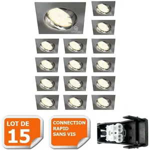 LAMPESECOENERGIE LOT DE 15 SPOT ENCASTRABLE ORIENTABLE LED CARRE ALU BROSSE GU10 230V eq. 50W BLANC NEUTRE pas cher