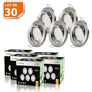 LAMPESECOENERGIE LOT DE 30 SPOT LED ENCASTRABLE ORIENTABLE ALU BROSSE AVEC AMPOULE GU10 230V eq. 50W BLANC CHAUD pas cher