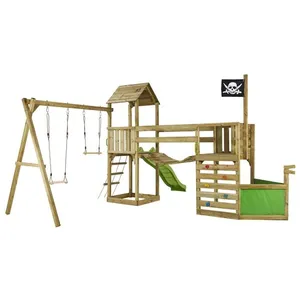 KANGUI Aire de jeux pirate en bois WILLI avec vigie - Balançoire, trapèze, toboggan, mur d'escalade, cabane sur plateforme, pont suspendu pas cher