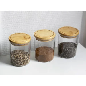 Pebbly PKV-014, verre, transparent/bambou, Set 3 boîtes à épices-180ml pas cher