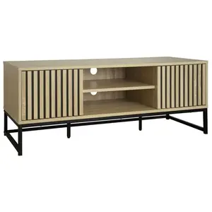 SWEEEK Meuble TV décor bois rainuré et métal 2 portes 120cm Lisbonne pas cher