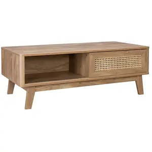 SWEEEK Table basse avec 2 niches. 1 porte coulissante. effet bois et cannage. pieds eucalyptus pas cher