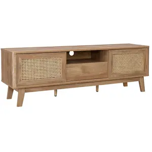 Meuble TV - SWEEEK - Portes coulissantes - Effet bois et cannage - 150cm pas cher