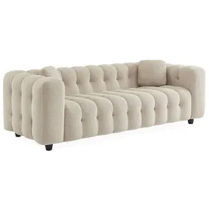 SWEEEK Canapé 3 places en bouclette texturée capitonné beige - Structure bois d'eucalyptus et contreplaqué