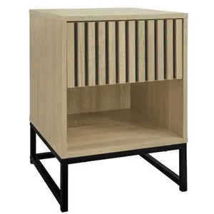 SWEEEK Table de chevet style contemporain avec 1 tiroir effet bois rainuré (système d'ouverture par pression) et 1 niche. piètement en pas cher