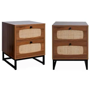 Tables de chevet en bois et cannage - SWEEEK - Lot de 2 - Piètement en métal noir pas cher