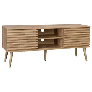 SWEEEK Meuble TV scandinave avec 2 portes décor bois rainuré et 1 niche centrale avec étagère pas cher